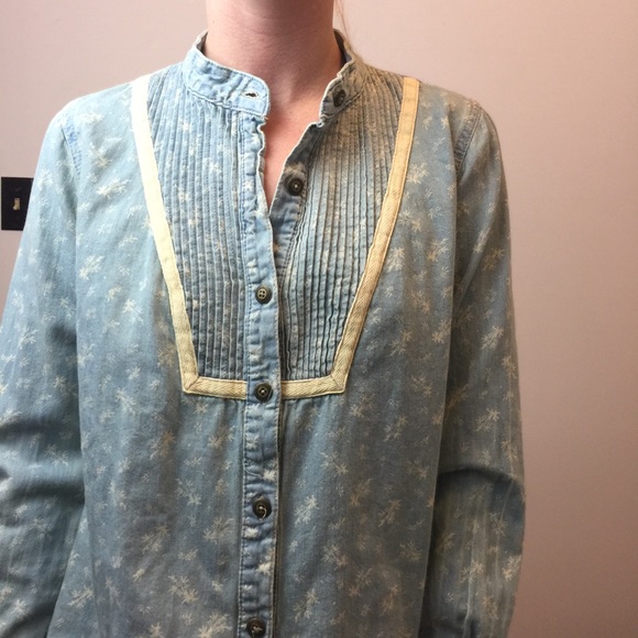 Free People Blue Denim Printed Button Down Top - Picture 8 of 8